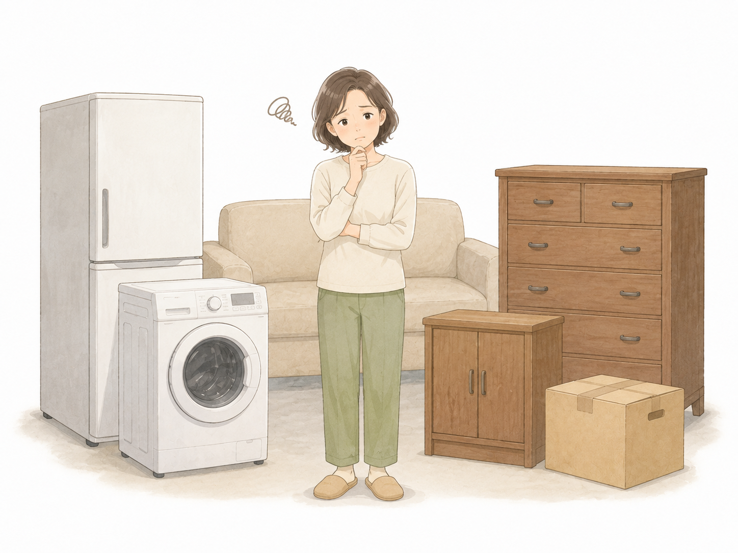 冷蔵庫、洗濯機、ソファ、たんすなどの家財を前に、片付け方を考えている女性のイメージ