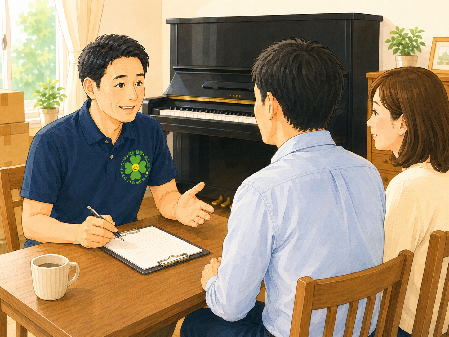 ピアノの搬出・処分についてHappyクローバーのスタッフがご家族から状況を伺っている様子