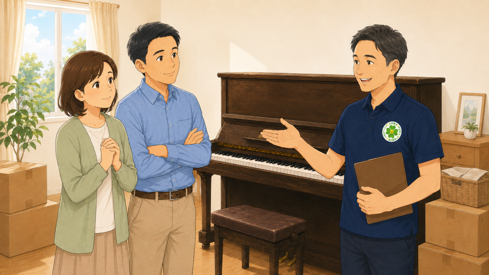 引越し準備中のご家族が、室内に残ったピアノについてHappyクローバーのスタッフへ相談している様子