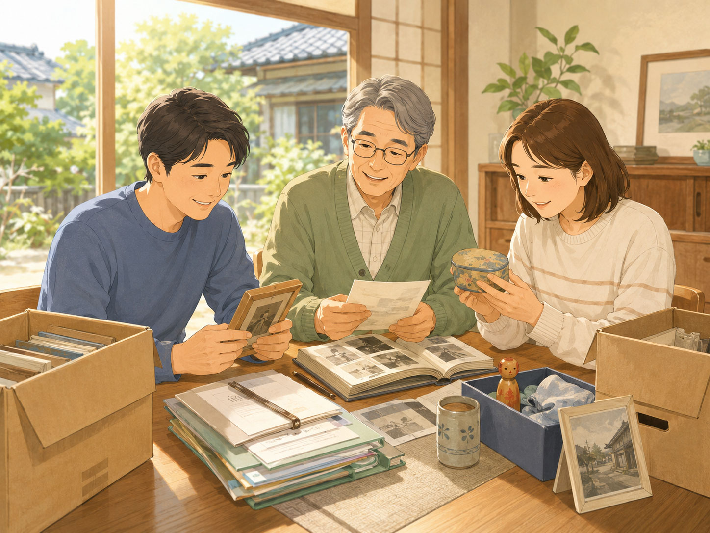 実家で家族が写真や思い出の品を確認しながら片付けについて話し合う様子