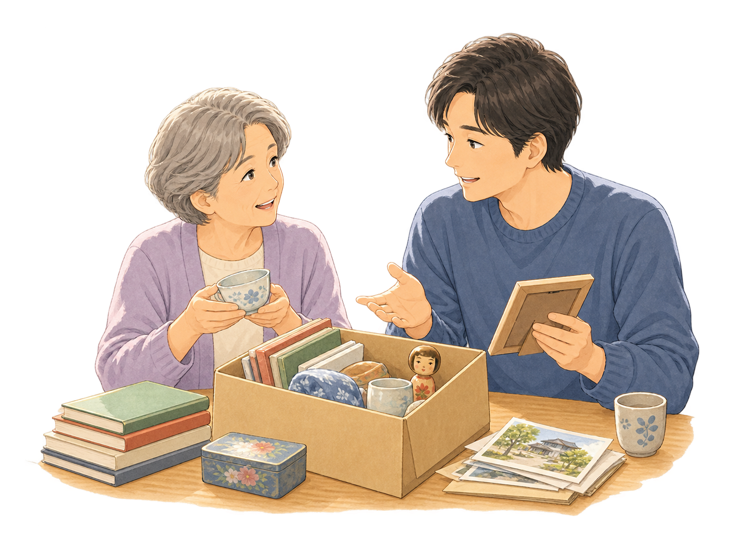 親子で実家の思い出の品を確認する様子