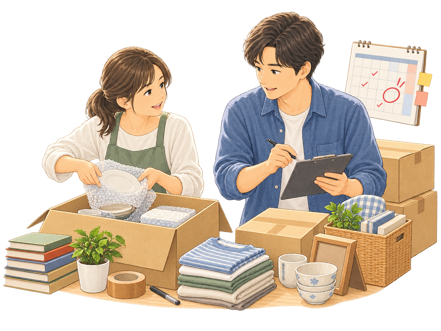 日程を確認しながら家財を箱へまとめる家族