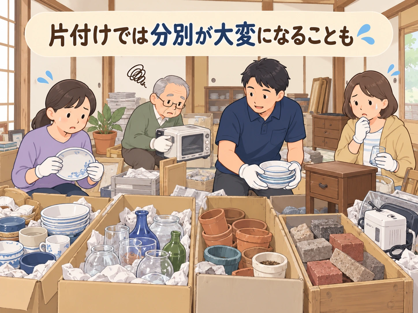 実家の片付けでさまざまな不用品の分別に困っている様子