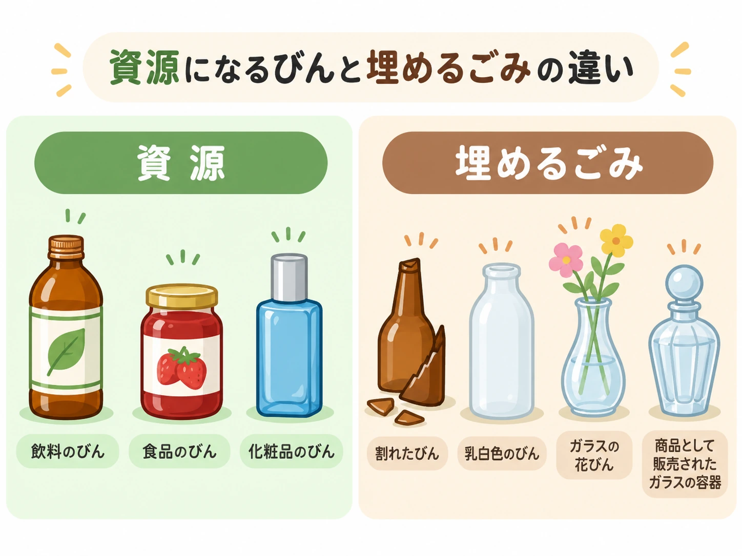 資源になるびんと埋めるごみになるびんの違い