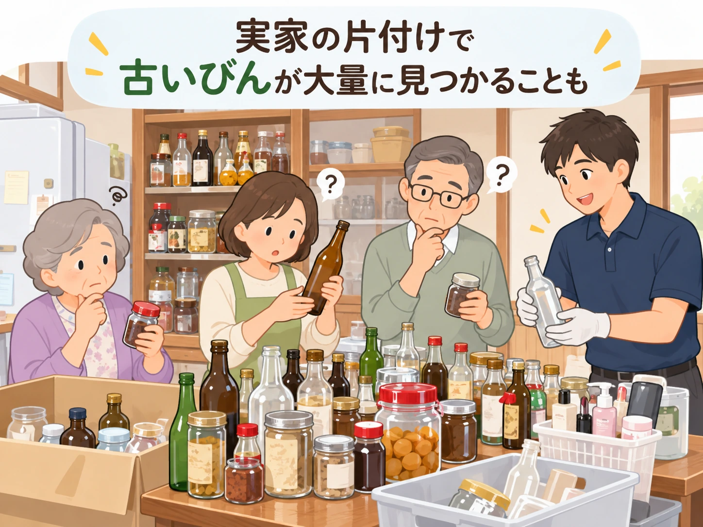 実家の片付けで大量の古いびんが見つかった様子