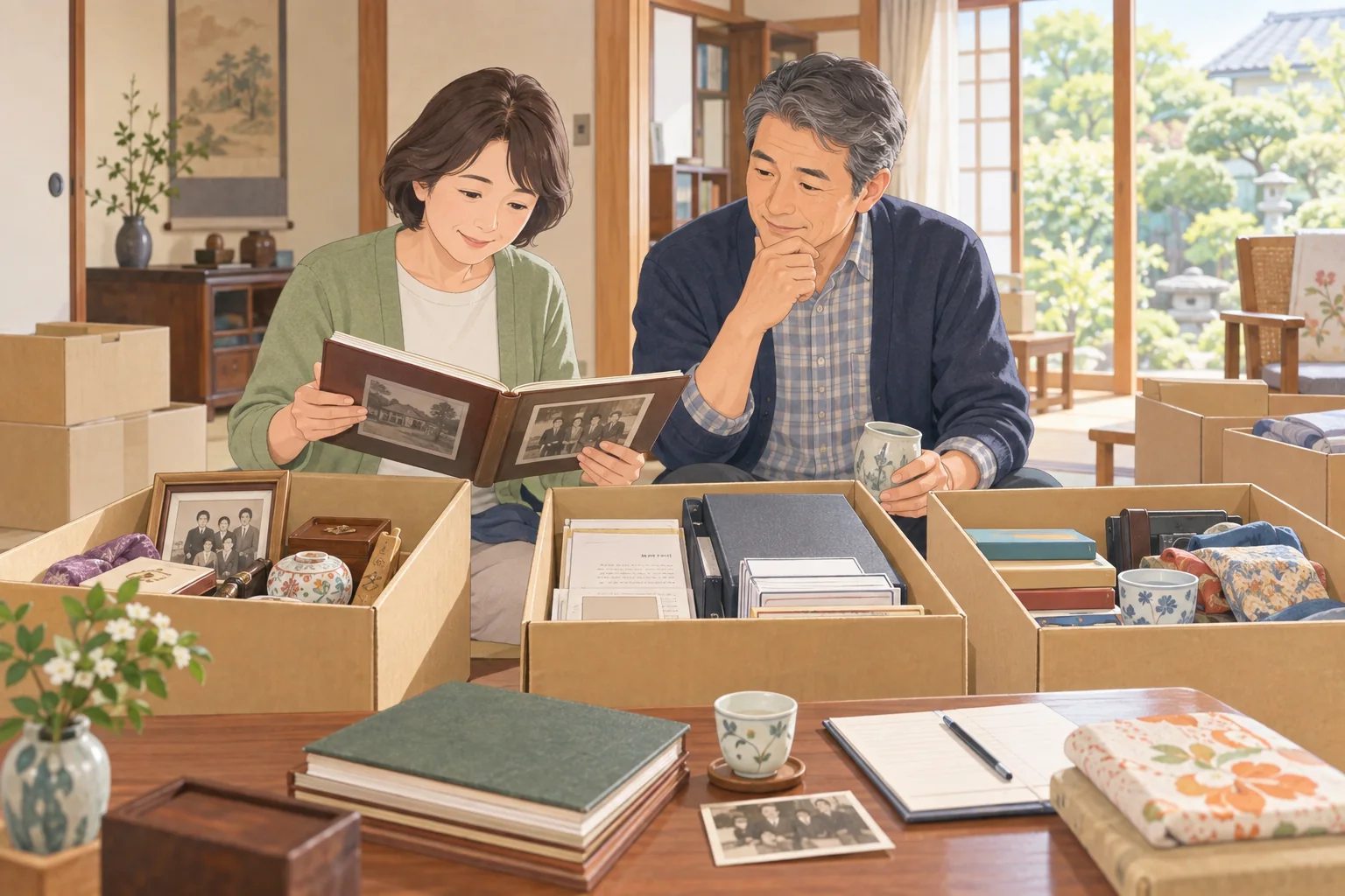 実家じまいに向けて家族で残す物を確認している様子