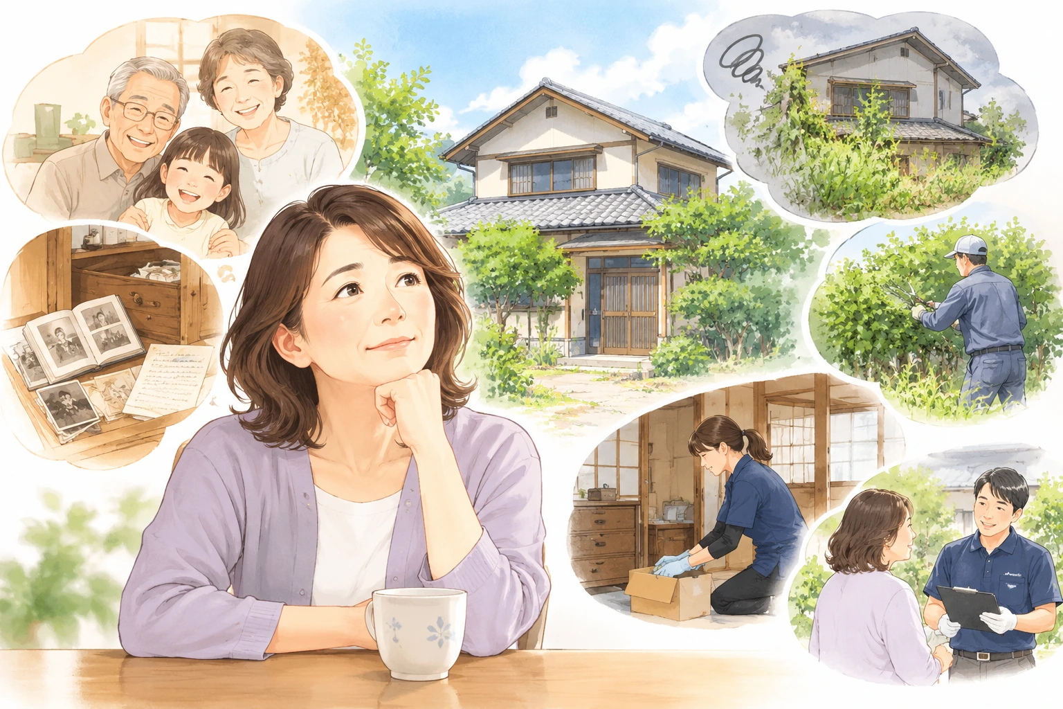 家族との思い出を振り返りながら、実家の庭の手入れや片付け、相談について考える